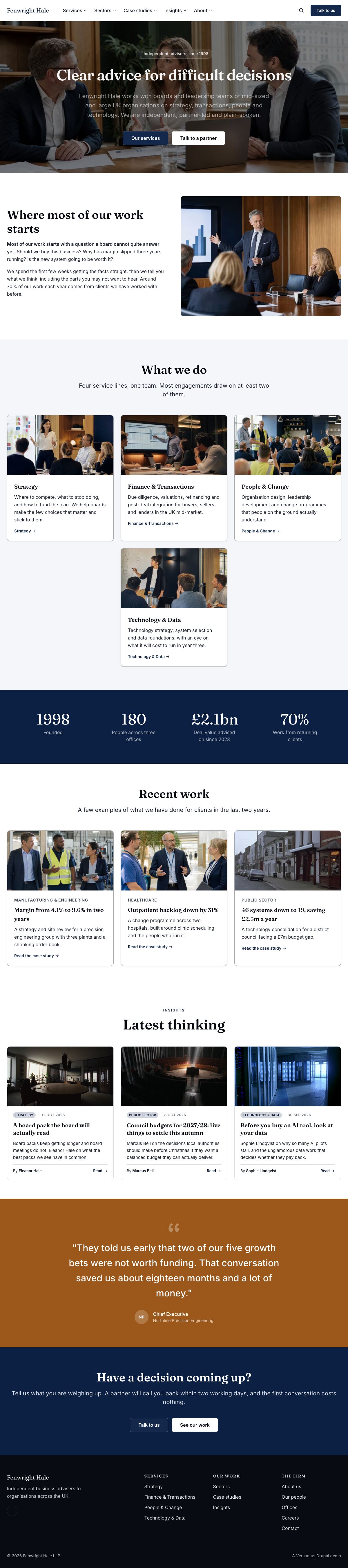 Homepage of Fenwright Hale, a demo advisory firm website built with Versantus